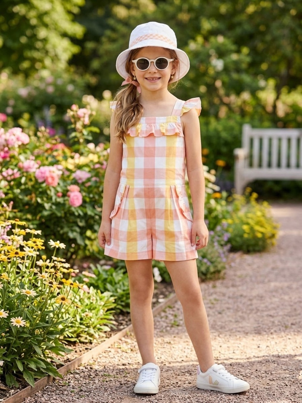 Janie and Jack Pink and Yellow Gingham Ruffle Romper